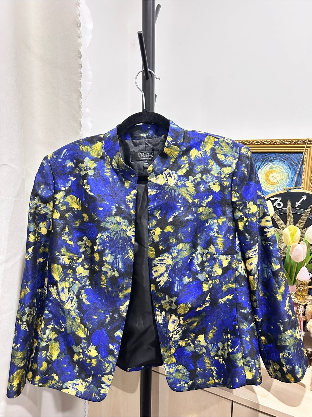 Kasper Blue and Yellow Floral Open-Front Blazer